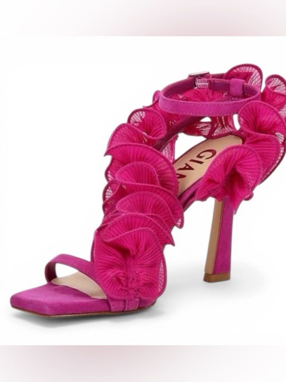 NWT Gianni Bini FRANZ Suede Chiffon Ruffle Dress Sandal Fuschia Sz 7 - Picture 4 of 10